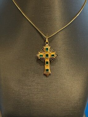 Gold Cross Pendant Necklace with Green Gemstones